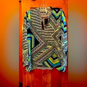 Top in blue green, white and black colors size large.